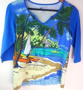 Casey Key SP Blue Beach Scene Stretch Top Petite